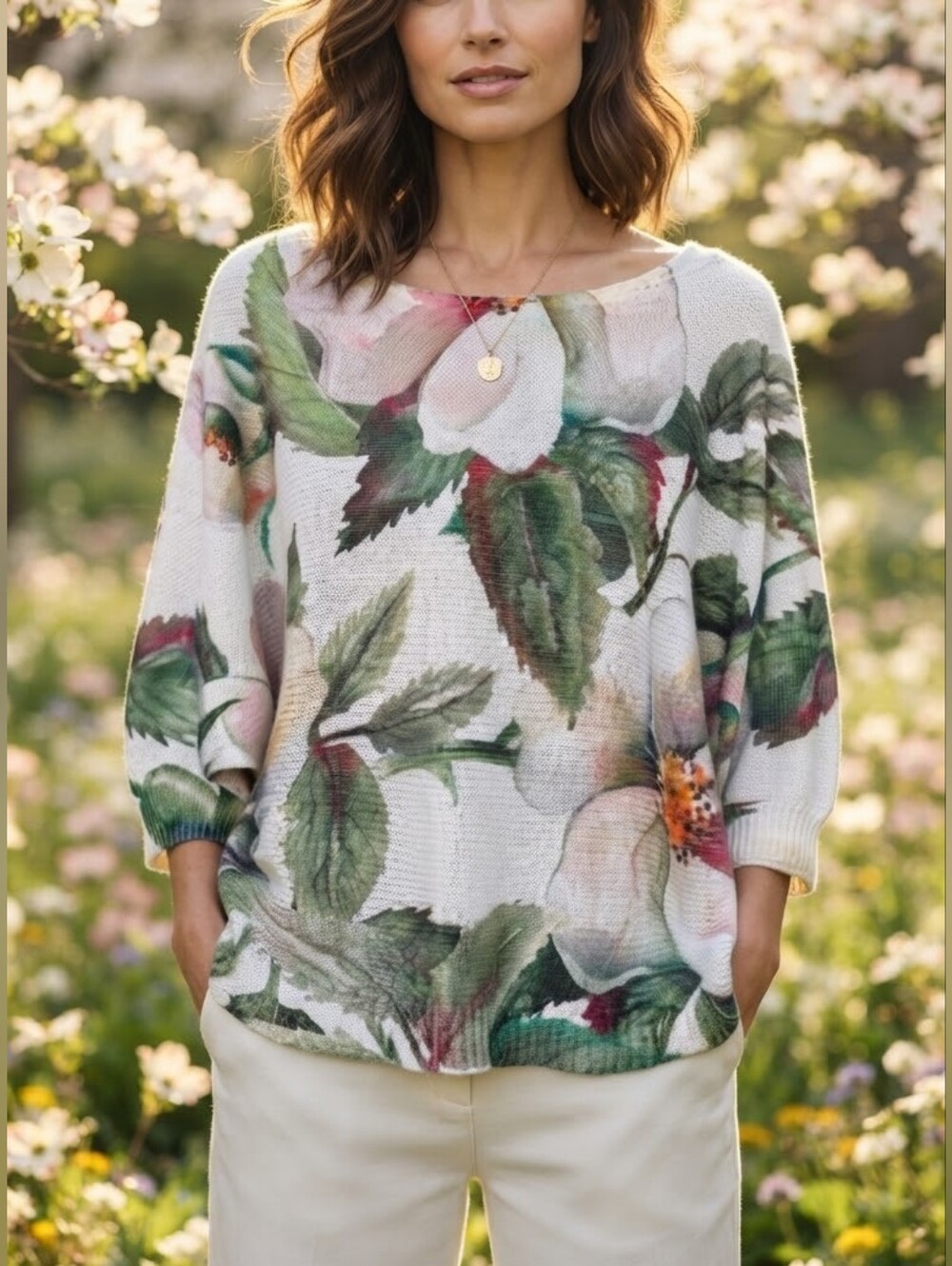 Luisa Ricci Made in Italy Floral Mesh Knit Boat Neck Tunic Top Size S